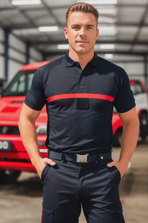 a man in a red and black shirt standing in front of a red truck