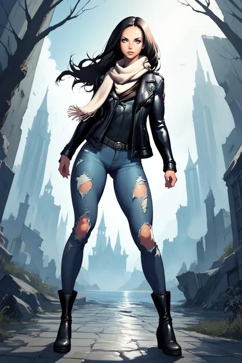 a woman in a black jacket and jeans standing in a city