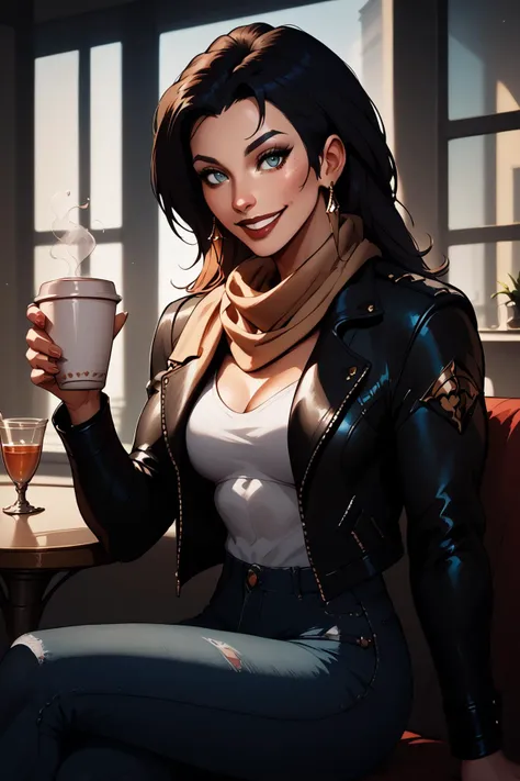 a woman sitting at a table with a cup of coffee