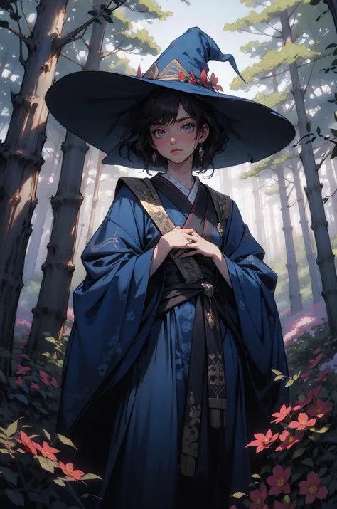 masterpiece, trending on artstation, 8k wallpaper, 8k, intricate details, absurdes, highest quality, wizard surrounded by cherry trees, extreme beauty, beautiful, leaves and flowers surrounding, forest, garden, dynamic shot, dynamic angle, natural pose, bl...