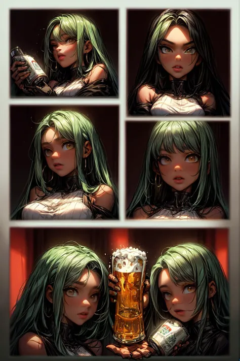 a series of pictures of a woman with green hair holding a beer