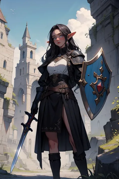 a woman in a black outfit holding a sword and shield