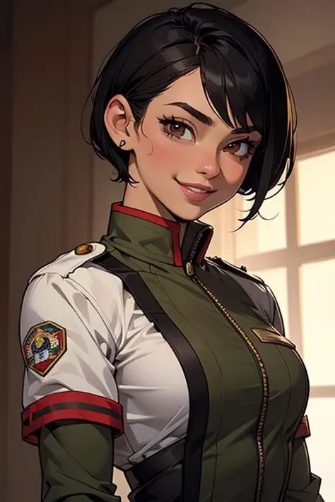 spiky bald hairstyle, short hair, mexican skin, gloves, uniform military, 1girl ,dark black hair, ((hair cut super short,)), soft Brown eyes, smile lips,