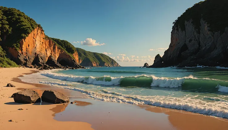 there is a beach with a large rock and a body of water