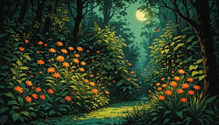 a painting of a forest with flowers and trees in the background