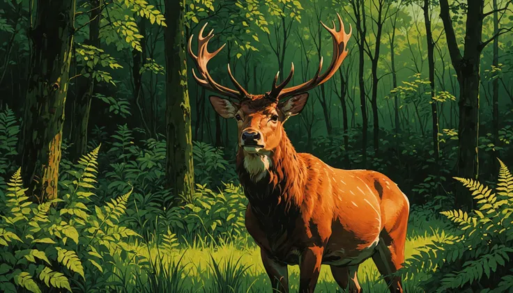 painting of a deer in a forest with trees and grass