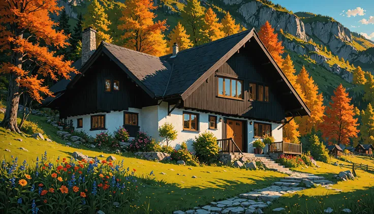 there is a painting of a house in the mountains with a path