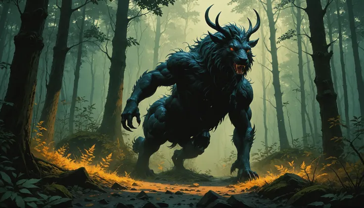 a painting of a monster in the woods with a glowing face