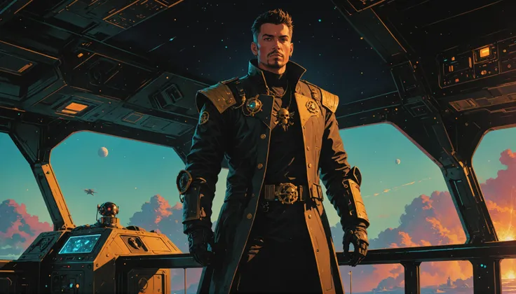 a close up of a man in a long coat standing in a spaceship