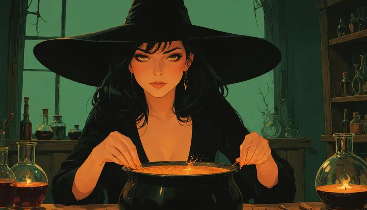 witch preparing a pot of food in a witches kitchen