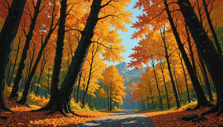 painting of a road in a forest with trees and leaves