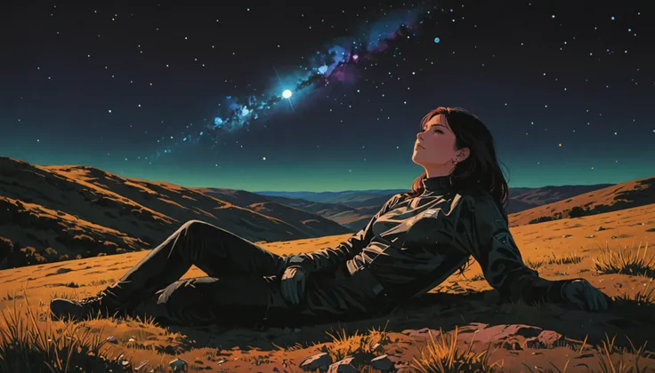 anime girl sitting on the ground looking at the stars