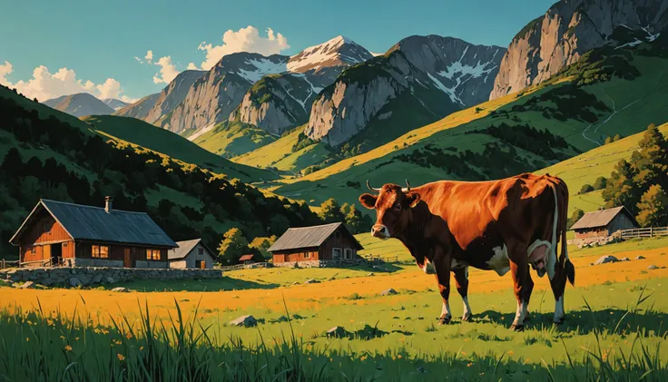 there is a cow standing in a field with a mountain in the background