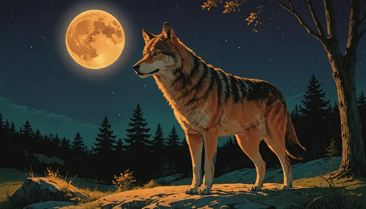 arafed wolf standing on a hill with a full moon in the background