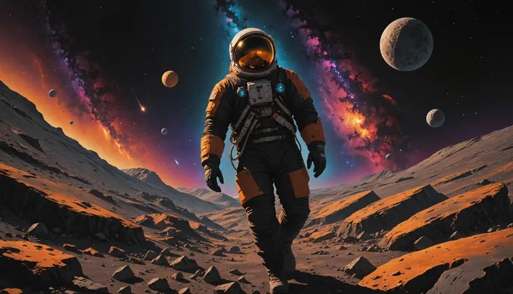 a close up of a person in a space suit walking on a rocky surface