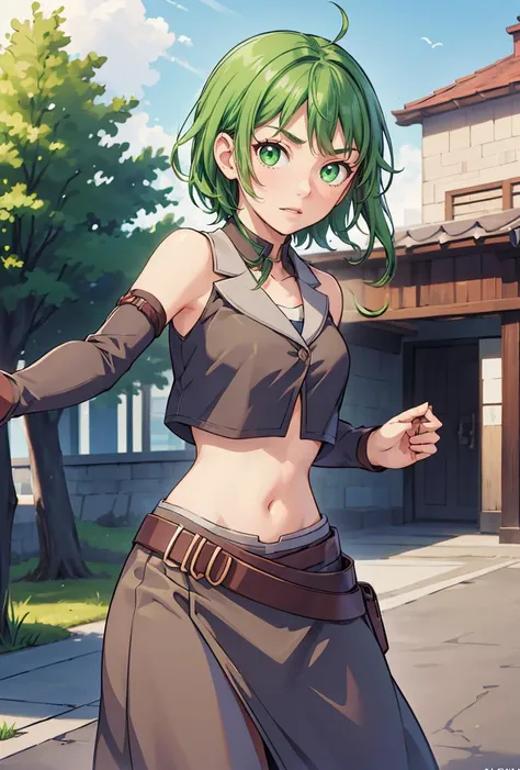 (masterpiece, best quality), 1girl,    <lora:NemesisSudou:0.8> NemesisSudou, 1girl, solo, short hair, skirt, navel, green eyes, green hair, midriff, belt, crop top,