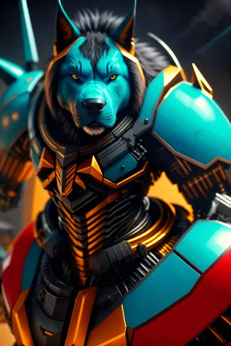 a close up of a blue and yellow robot with a wolf on it