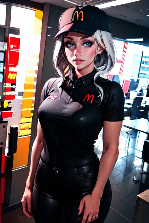 Highly detailed, High Quality, Masterpiece, beautiful, 1girl, solo, Evelyn1, <lora:Char_OG_Aseyna:0.6>, mature female, McDonaldsUniform, shirt, black shirt, uniform, black pants, pants, cap, <lora:Outfit_McDonaldsUniformBlack:1>