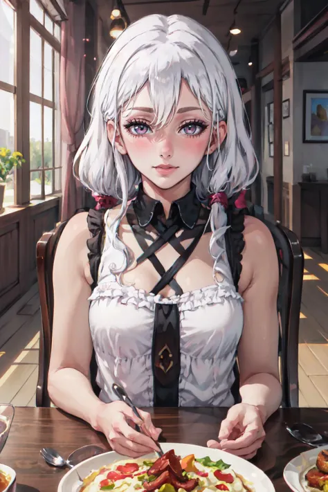 anime girl with white hair sitting at a table with a plate of food