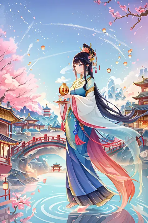 masterpiece,best quality,guochao(style), 1girl, east asian architecture, architecture, long hair, lantern, petals, water, sky, paper lantern, cherry blossoms, black hair, very long hair, tree, cloud, outdoors, flower, bridge, blue eyes, solo, building, fis...