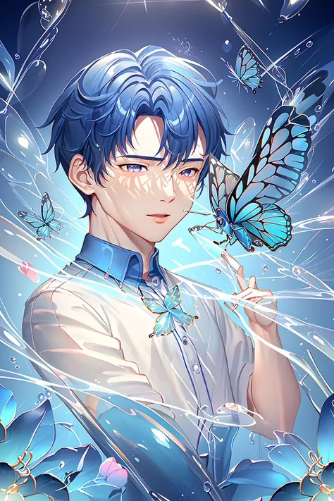 masterpiece,best quality,guochao(style),(1boy:1.3),Butterfly,bug,blue butterfly,flower,blue flower,no person,still life,blur,water drop,white flower,depth of field,flicker,liquid,glass,water,flash,chain,light particle,C4D,OC,<lora:guochao-000006:0.7>,three...