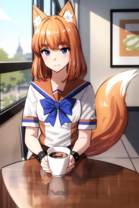 Highly detailed, High Quality, Masterpiece, beautiful, firefox-chan, bowtie, school uniform, sailor collar, blue pleated skirt, wrist cuffs, socks, orange shoes, tail, <lora:Char_Meme_MozillaFirefox:0.8>, food, simple background, elbows on table, cup, blur...