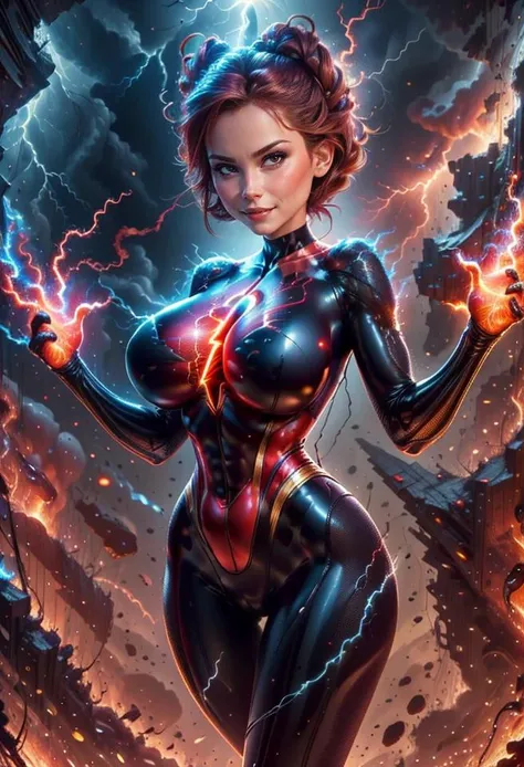 a woman in a black suit with lightning coming out of her chest