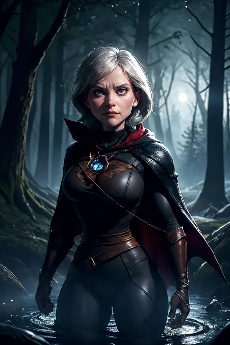 <lora:helenV3:0.7>, helenparr , Style-GravityMagic, portrait, solo, (full body:0.6), looking at viewer, detailed background, detailed face, (natural forest theme:1.1),  glowing eyes, determined, witcher, adventurer, wearing  padded witcher clothes,   hood,...