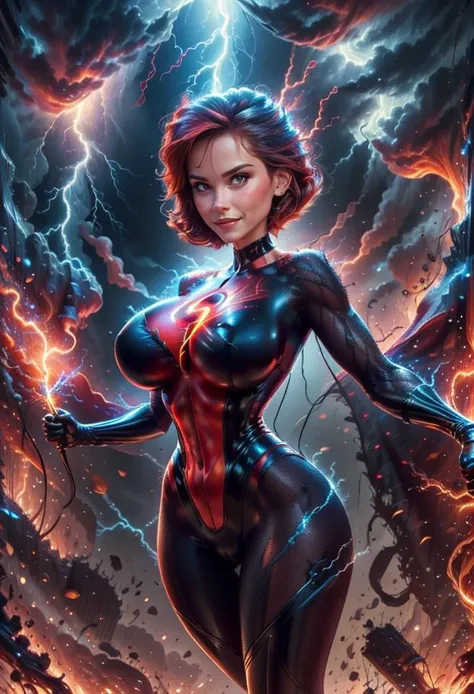 <lora:ragingstorm-nvwls-v1:1> ragingstorm helen <lora:helenV4:0.7>, short hair, brown hair, brown eyes, superhero, ((red bodysuit)), (huge breasts:1.3, <lora:FakebreastsV4Del:0.5> fakebreasts), best quality, hyper-detailed, intricate, extremely detailed, m...