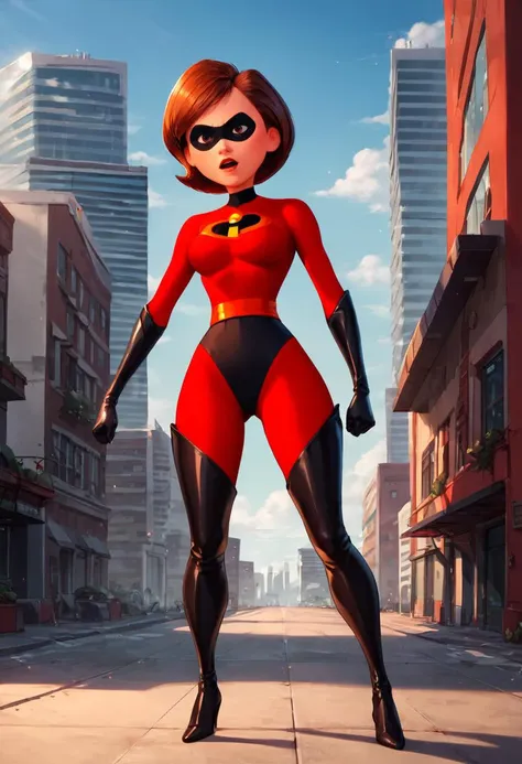 a cartoon image of a woman in a red and black outfit