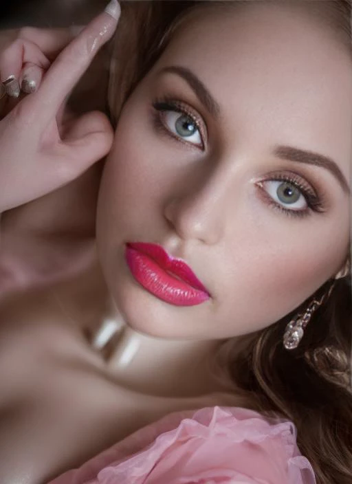 a close up of a woman with a pink dress and a pearl necklace