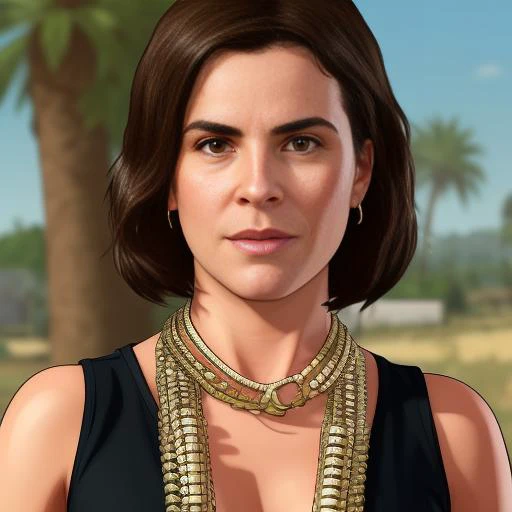 a woman in a black dress with a gold necklace and a necklace