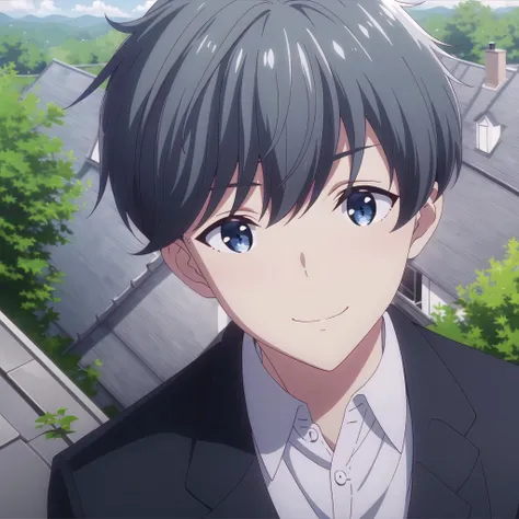 high quality, best quality, masterpiece, absurdres, kohei makino, suit, 1boy,  <lora:makino:0.75>, solo, smile, blush, rooftop