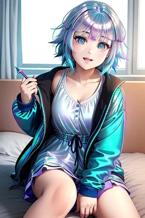 best quality detailed fullbody portrait of a waking up blue-haired girl with short disheveled hair in jaket yawns, (iridescent pupils:1.4)