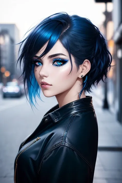 beautiful girl, half body portrait, short bright blue disheveled hair, black eyeshadow, (street style wear:1.2), (city background:1.2), dark makeup, digital art, trending on artstation, highly detailed, fine detail, intricate, beautiful detailed glow, det...