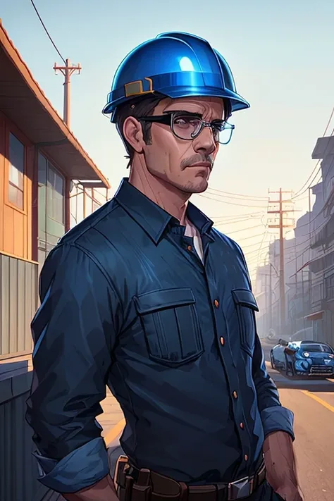 facefoward portrait of one handsome man wearing a safety helmet and wearing a buttoned long sleeve blue shirt and wearing clear industrial safety glasses, Stoic, gentle looking, neighborhood background, inspired on heartstone gta5 cover, | official behanc...