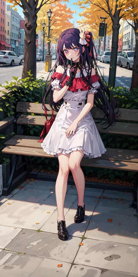 <lora:hoshino_ai_v0.1a:1> ai hoshino, rabbit hair ornament, full body 1girl, masterpiece, best quality, high quality, highres, park bench