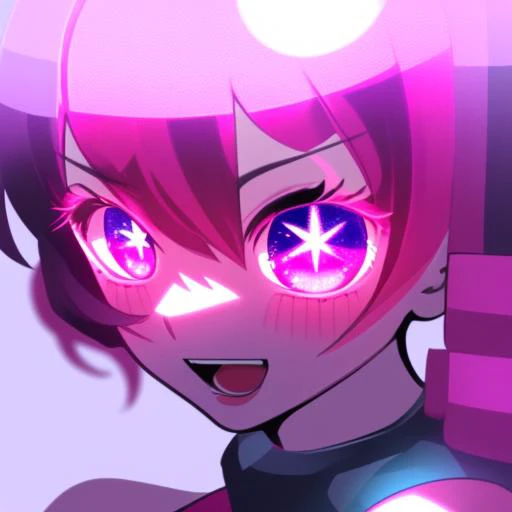 anime girl with pink hair and purple eyes with a star in her eyes