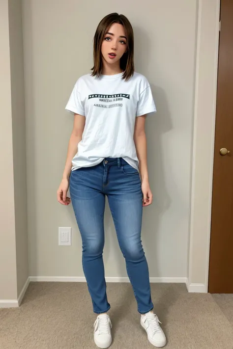 (full body shot:1.4), <lora:sd15_JamieDuff_v1:.9> JamieDuff wearing a t-shirt and jeans