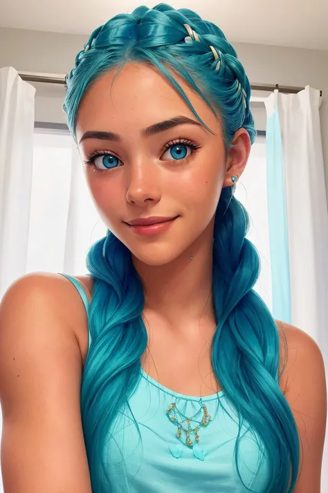 photo of <lora:sd15_JamieDuff_v1:.9> JamieDuff, focus on eyes, close up on face, smile, wearing jewelry, Tiffany Blue hair styled multi-braid hair, soft diffused lighting