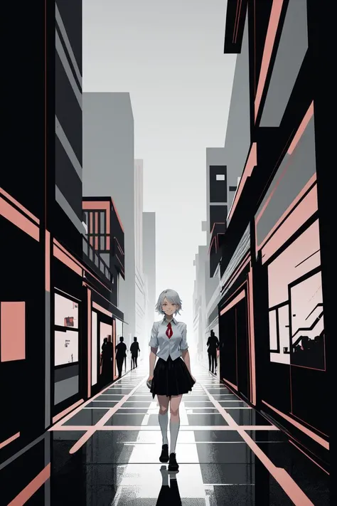 (masterpiece, best quality), cyberpunk, scifi, future, 1gir, school uniform, cowboy shot, smile, collared shirt and skirt, gray hair, turn ones face away, looking away, indoors,  <lora:Flat_Design_last:3.0>,