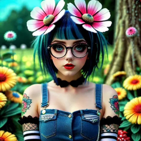 <lora:add-detail-xl:0.8> Emo girl with black and white striped thigh high socks and denim shorts with lace, large flower garden in background, fullbody, perfect eyes, glasses, piercings, fully coloured tattoos, maxim, perfect eyes, perfect features, 128k, ...