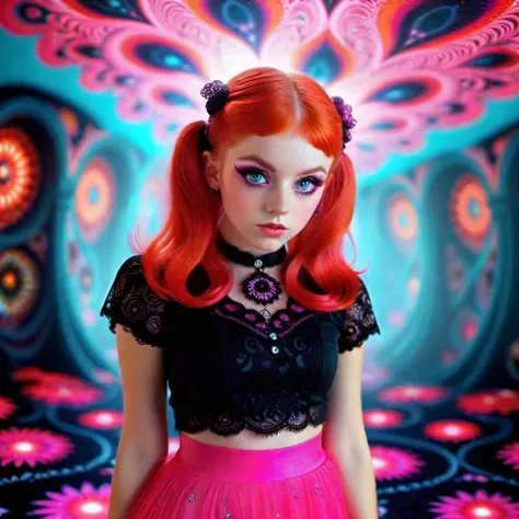 <lora:add-detail-xl:0.8> Petite long red haired girl with pigtails wearing black lace top with pink skirt,and psychedelic swirl background, perfect eyes, fullbody, perfect face,stunningly pretty, maxim, 128k, cinematic quality, voodoo,hyperrealism, sharpen...