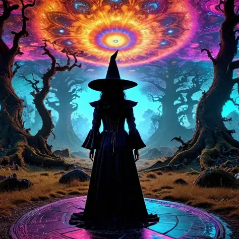 a woman in a witch costume standing in a forest with a circular mirror