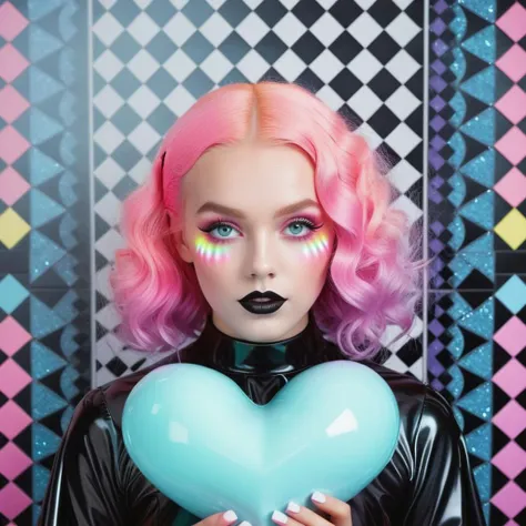 a woman with pink hair and a heart shaped balloon