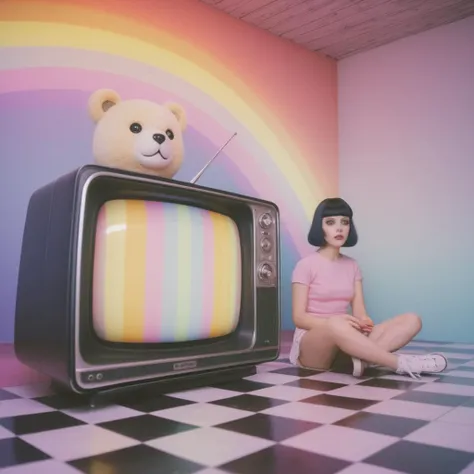 arafed woman sitting on the floor in front of a television with a teddy bear on top