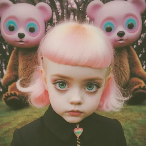 blond haired girl with pink hair and two teddy bears behind her