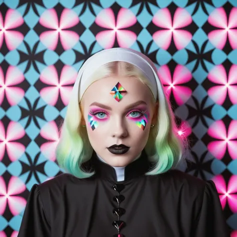 a woman with bright makeup and a black top with a rainbow star on her face