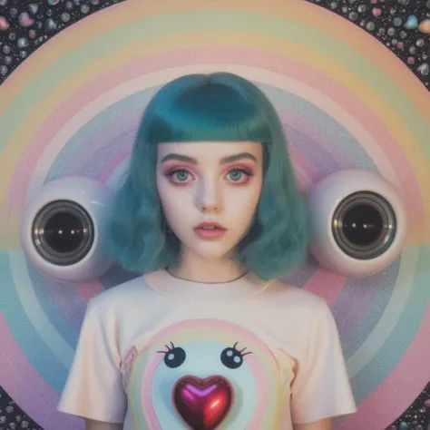 arafed image of a girl with green hair and a heart on her chest