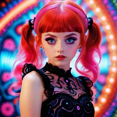 <lora:add-detail-xl:0.8> Petite long red haired girl with pigtails wearing black lace top with pink skirt,and psychedelic swirl background, perfect eyes, fullbody, perfect face,stunningly pretty, maxim, 128k, cinematic quality, voodoo,hyperrealism, sharpen...